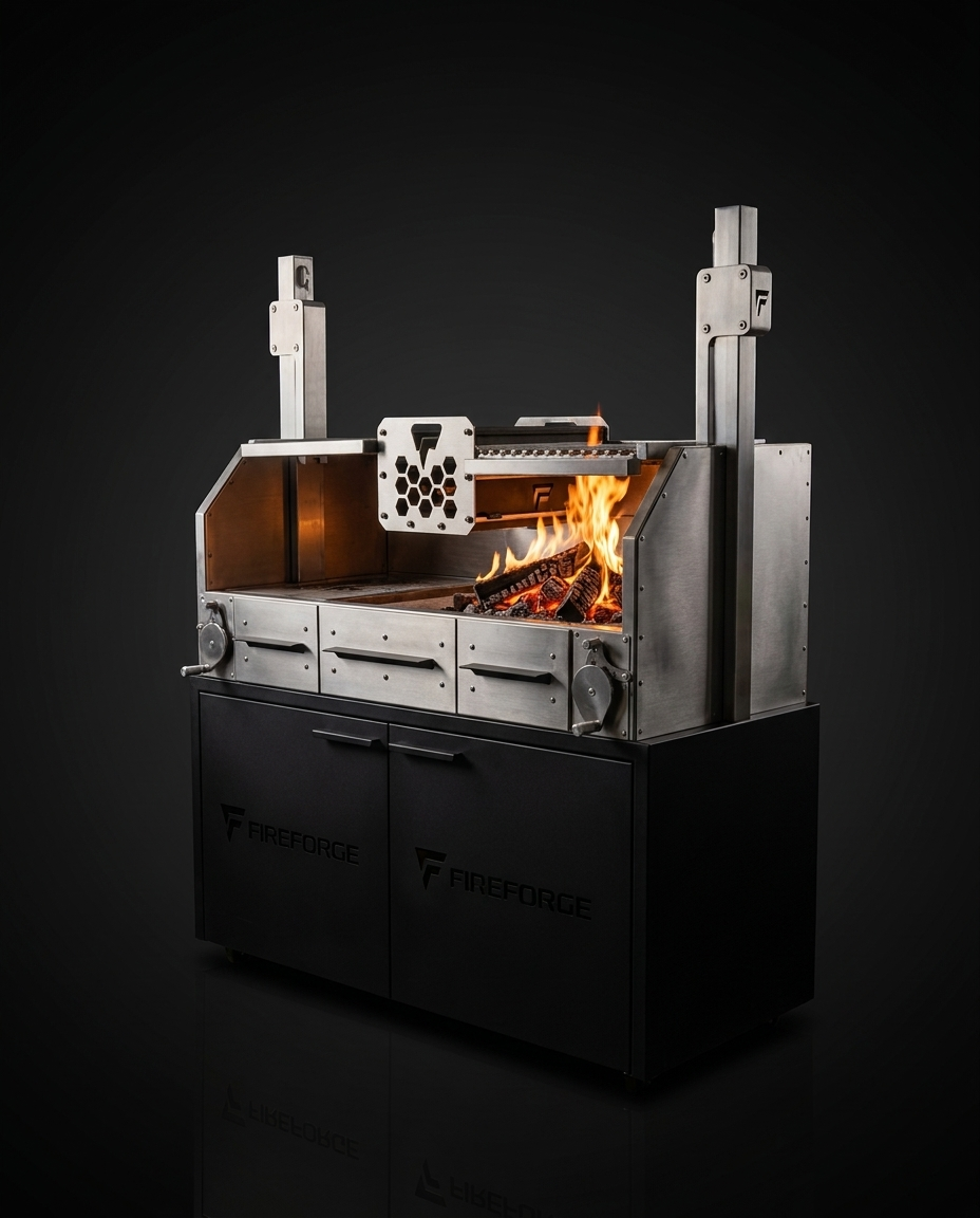 Fireforge T1100 flagship Argentinian braai with honeycomb brasero, glowing embers